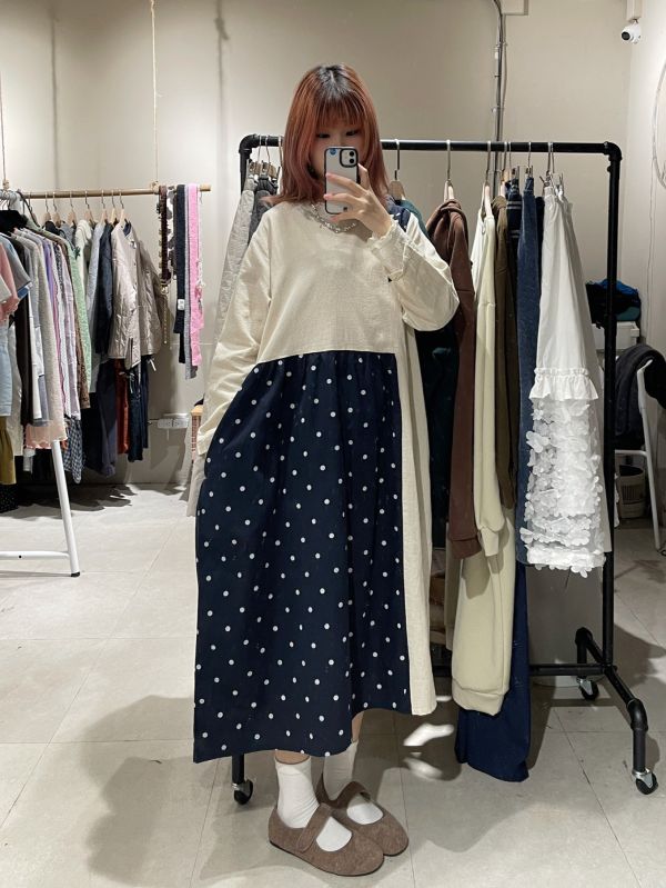 棉麻拼接波點長袖洋裝 