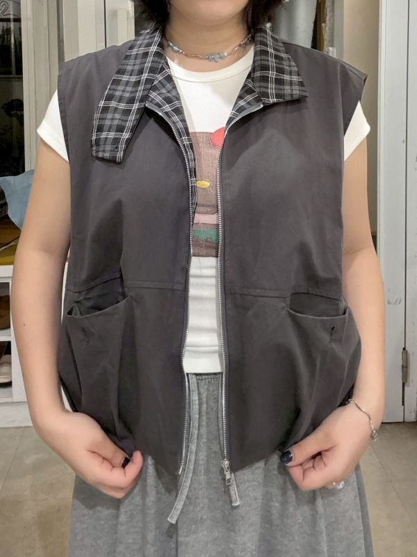 質感格紋內裏鈕扣翻領背心 