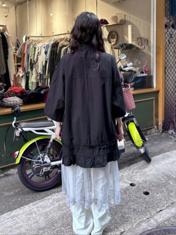 雙層木耳下擺七分袖長襯衫 