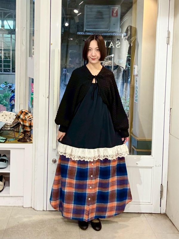 兩側邊抽繩襯衫式下擺格紋裙 