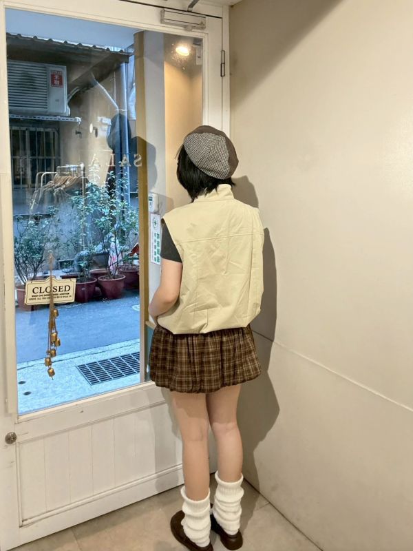 格紋氣球短褲裙附皮帶 
