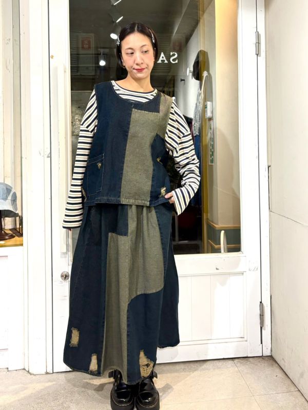 牛仔拼接破壞抽鬚套裝 