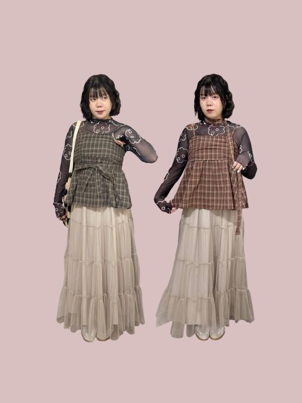 格紋抓皺散擺後鬆緊吊帶背心+綁帶 