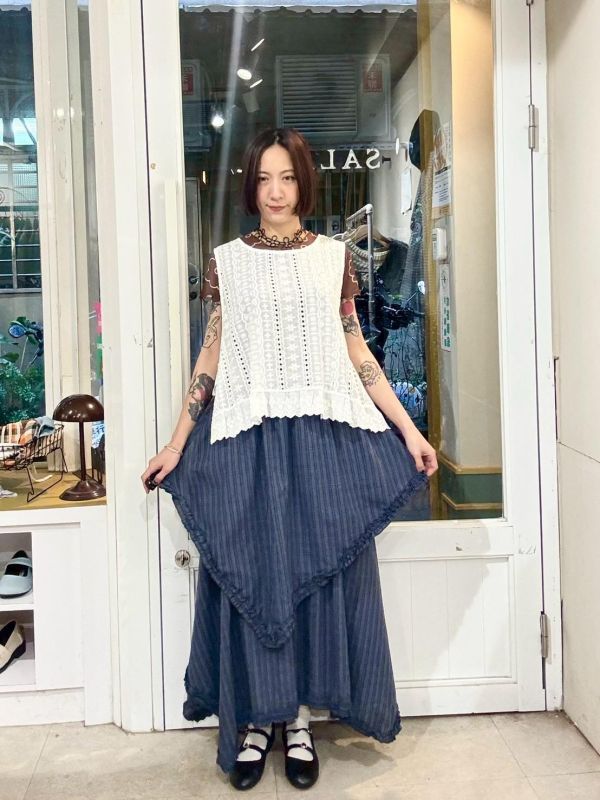 藍色格紋不規則拼接裙 