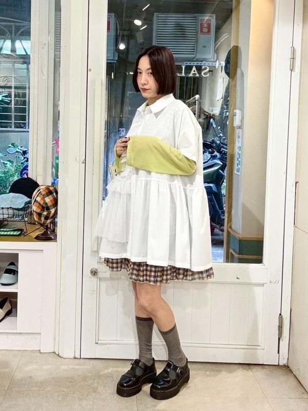 設計感抓皺紗拼接短袖襯衫 