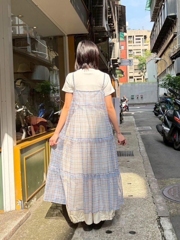 裝色格紋透膚長洋裝 