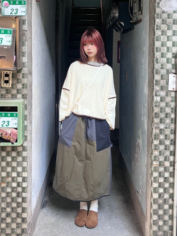 軍綠綁帶拼接燈籠長裙 