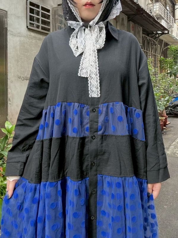 圓點紗拼接長袖洋裝 