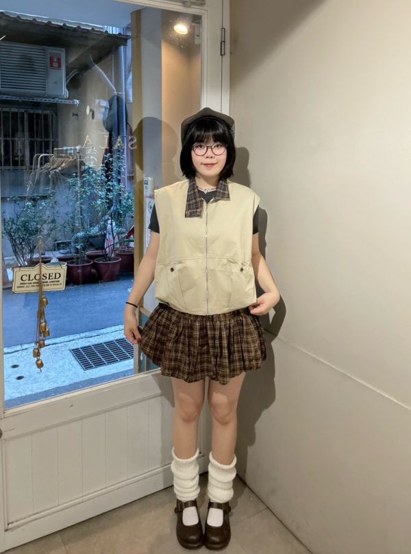 格紋氣球短褲裙附皮帶 