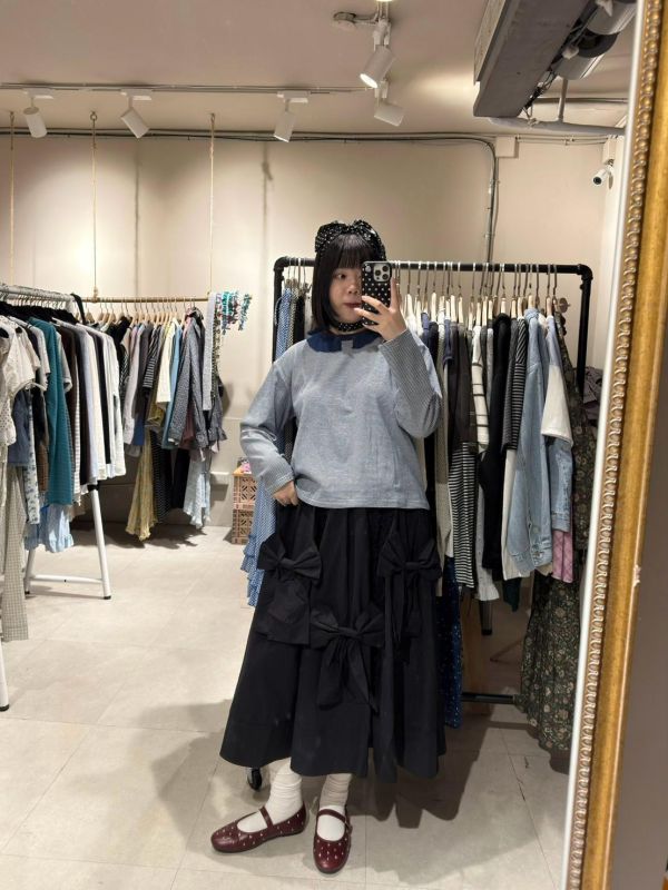 異材質荷葉領條紋長袖 