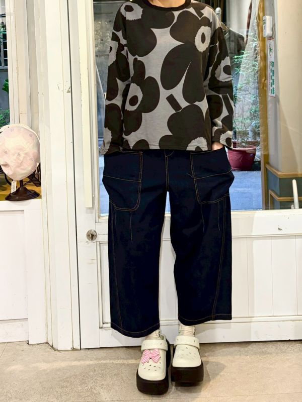 伸縮腰車縫線大口袋九分牛仔褲 