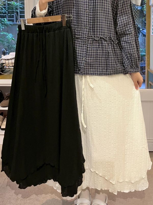 雙層不規則後開衩皺皺抽繩長裙 