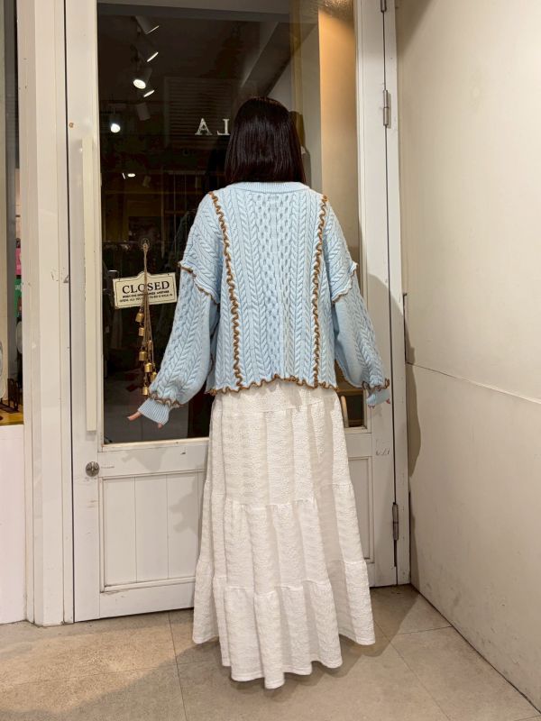 粗針織毛線撞色滾邊綁帶長袖外套 