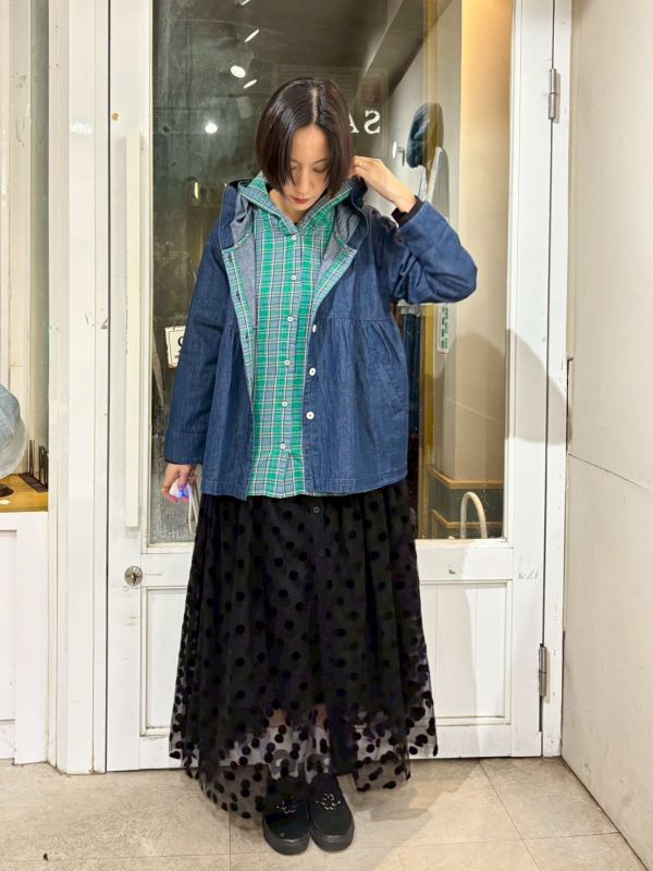 假兩件牛仔內裡格紋連帽襯衫 