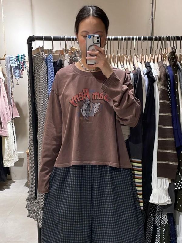 女孩湯姆貓復古水洗長袖上衣 