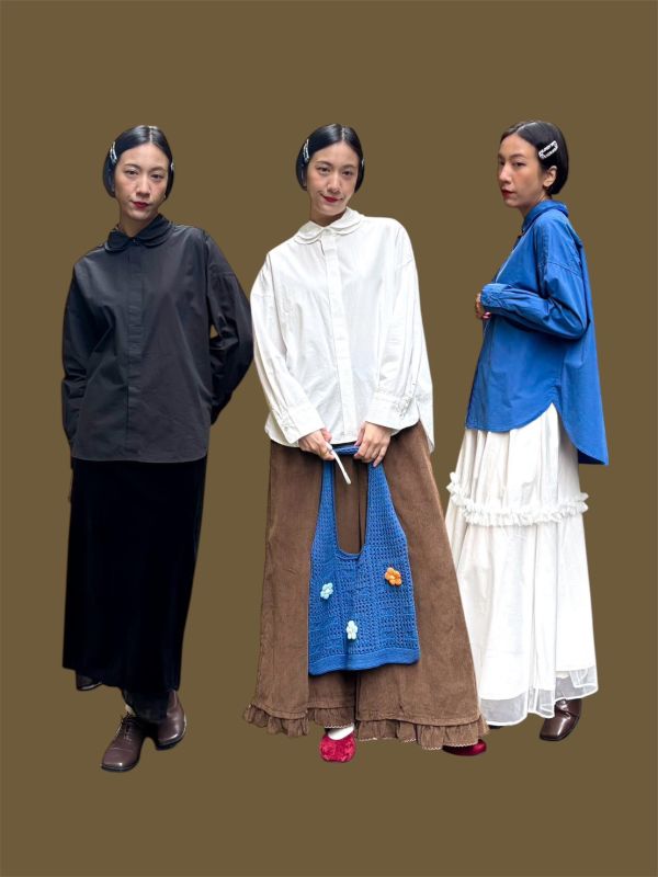 雙層圓翻領隱藏排釦素色襯衫 