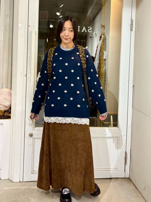 波點下擺拼接蕾絲長版針織毛衣 