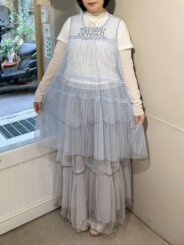 格紋層次紗寬肩帶背心 