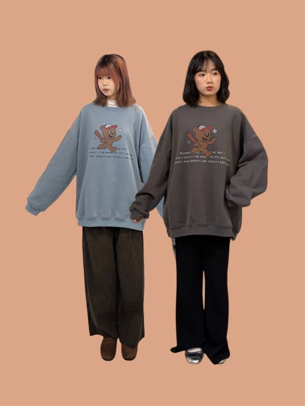 小熊棒球字母落肩長袖上衣 