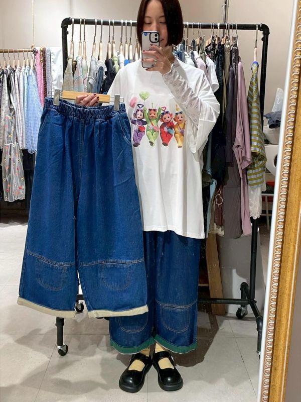 褲腳反折拼接繭型九分褲牛仔寬褲 