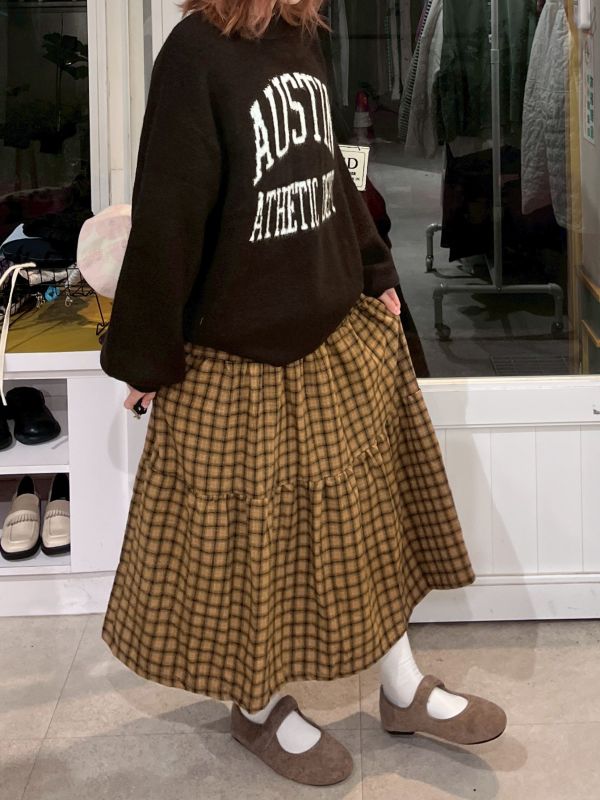 黃色格紋毛呢蛋糕長裙 