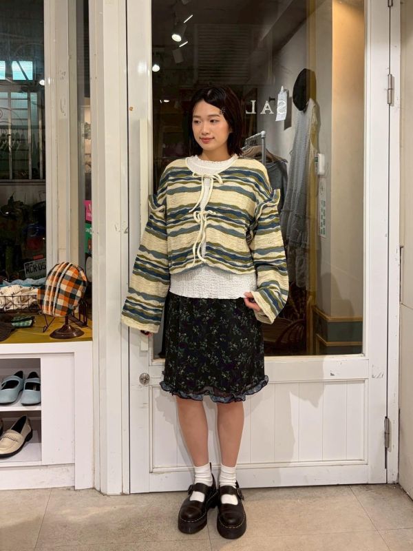 撞色波浪橫條綁帶外罩 