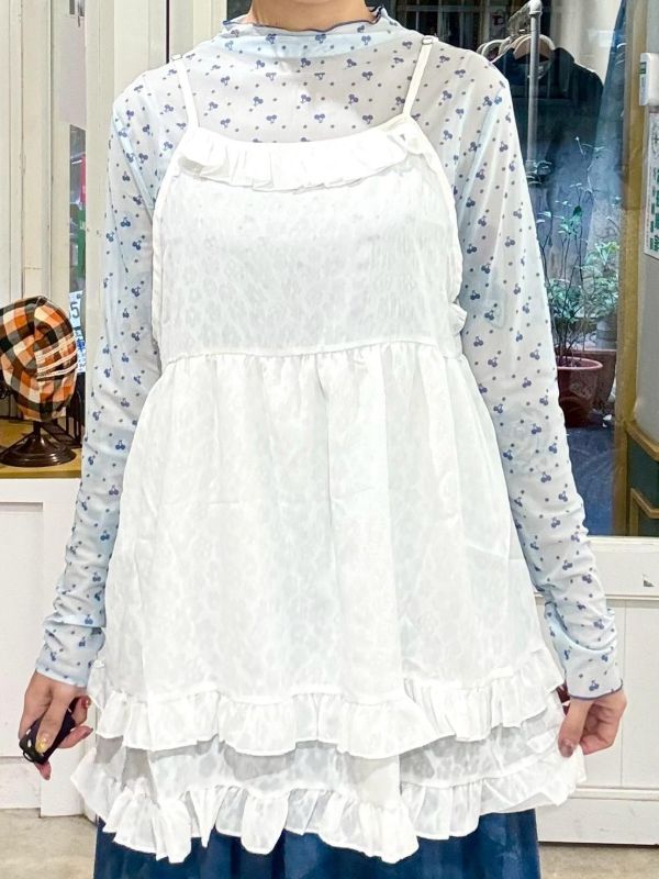 白色雙層下擺木耳邊吊帶背心 