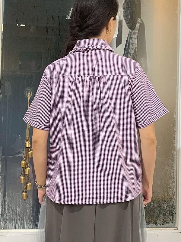 棋盤格荷葉滾邊翻領排扣短袖襯衫 