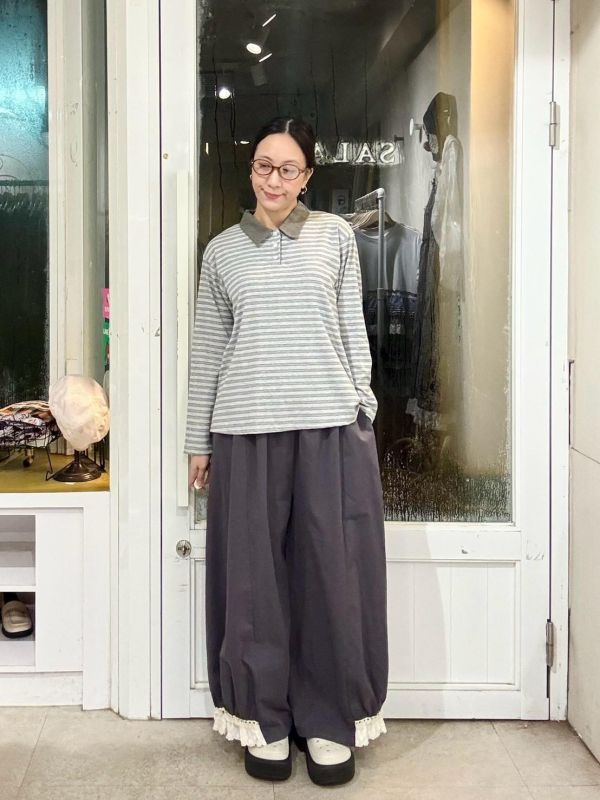 細條紋拼接翻領三顆釦長袖上衣 