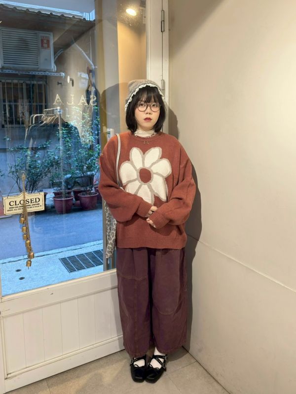大花朵橘紅毛衣 