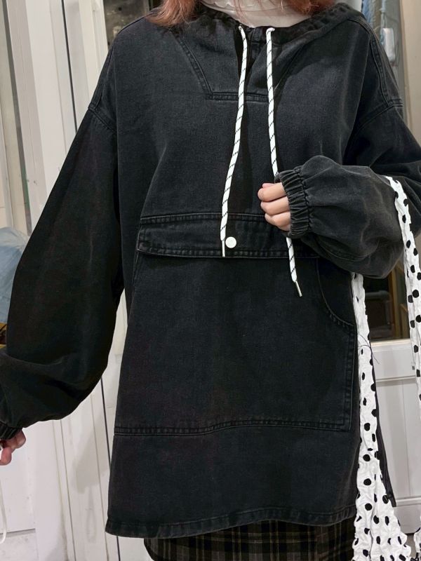 前短後長連帽抽繩大口袋牛仔長袖上衣 