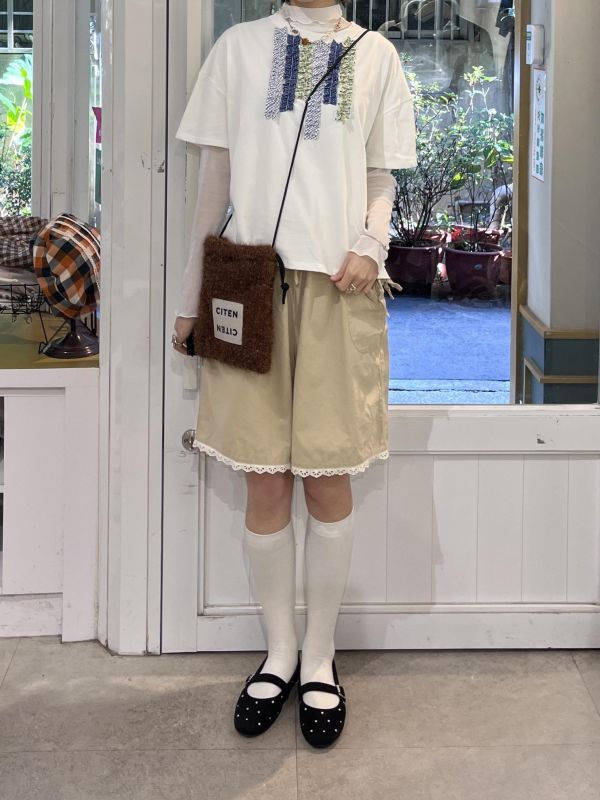 棉麻蕾絲下擺綁帶口袋五分褲 