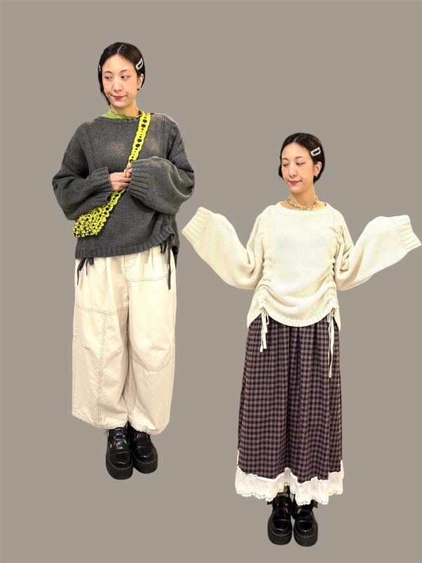 抽繩綁帶落肩寬袖針織上衣 