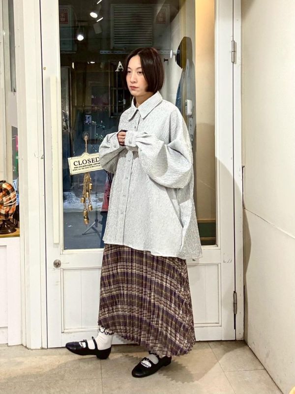 細直條紋皺皺布落肩寬版襯衫 