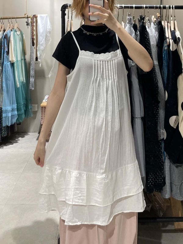 棉麻花邊打摺吊帶背心裙 