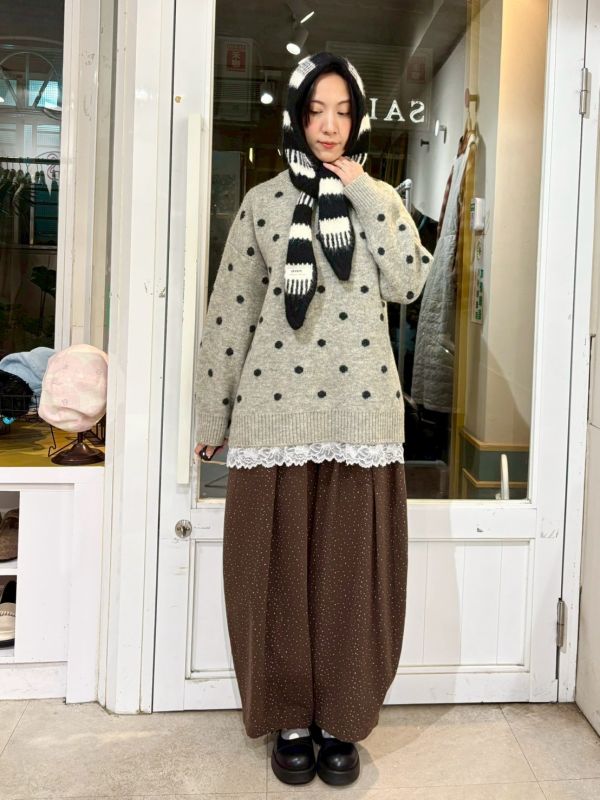 波點下擺拼接蕾絲長版針織毛衣 