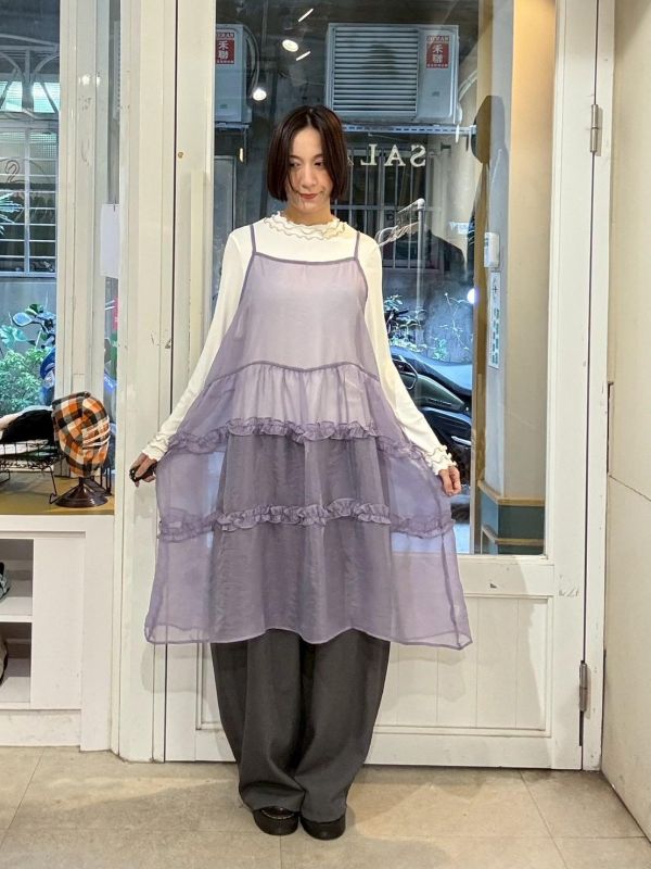 木耳拼接透紗蛋糕吊帶背心洋裝 