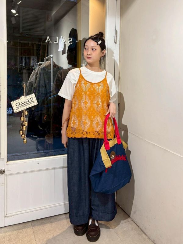 紅色抽繩下擺反折繭型九分牛仔寬褲 