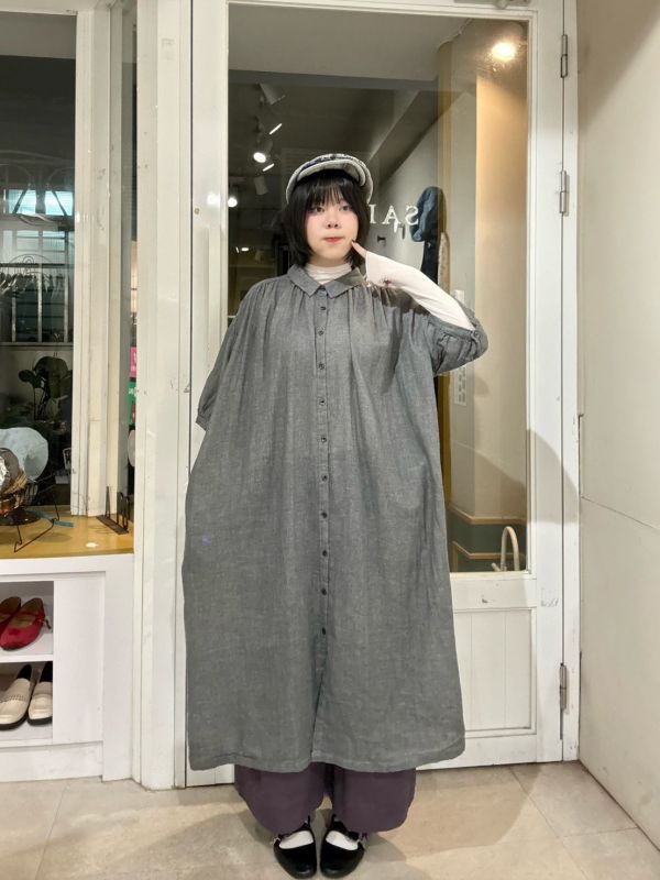 寶寶棉雙層紗泡泡袖灰排扣洋裝 