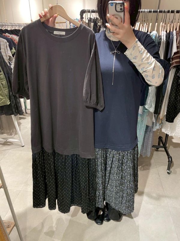 拼接下擺泡泡袖洋裝 