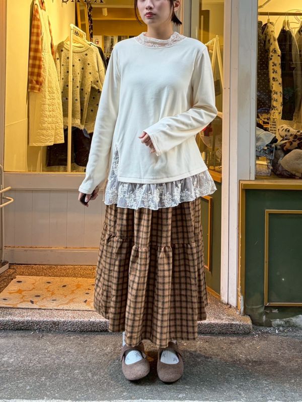 磨毛不規則開衩拼接蕾絲圓領上衣 