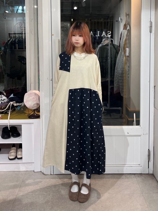 棉麻拼接波點長袖洋裝 
