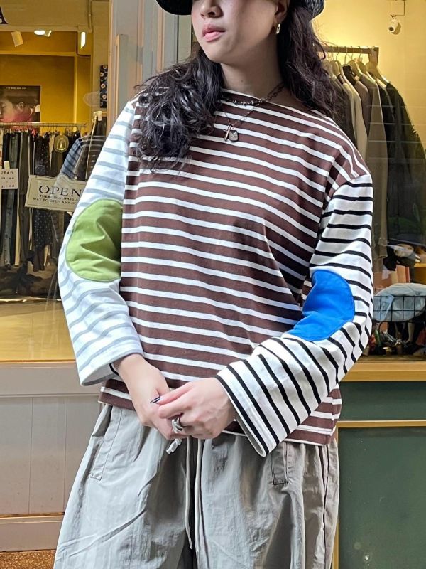 條紋手肘色塊布上衣 
