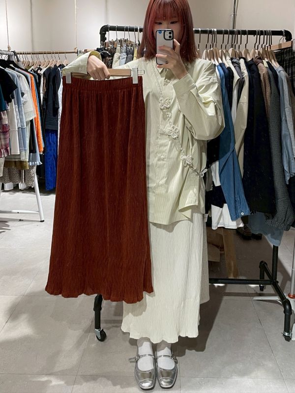 燈芯絨後開衩直筒皺皺裙 