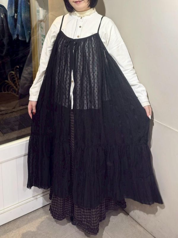 波點紗綁帶吊帶長版罩衫 