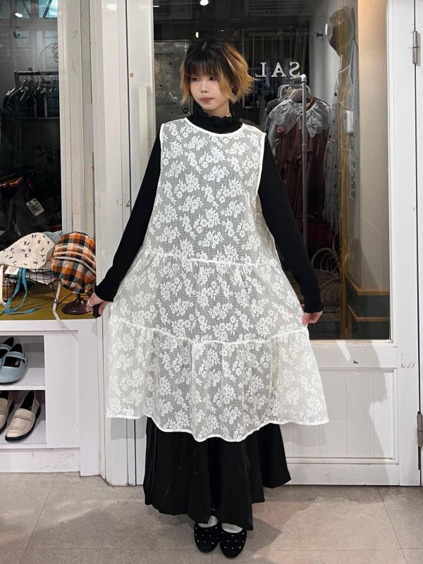 正反兩穿鏤空蕾絲綁帶長版罩衫背心 