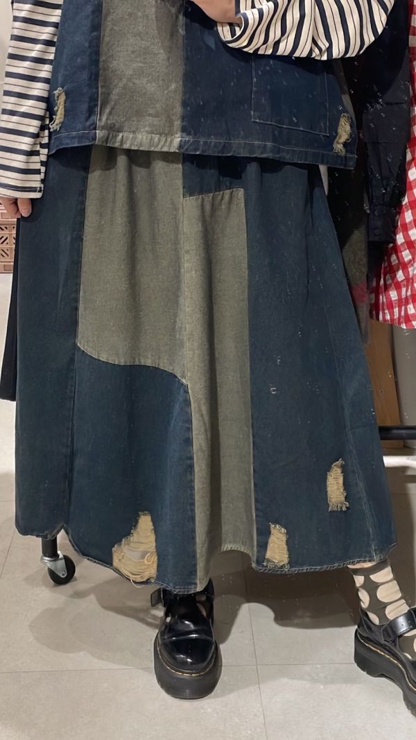 牛仔拼接破壞抽鬚套裝 