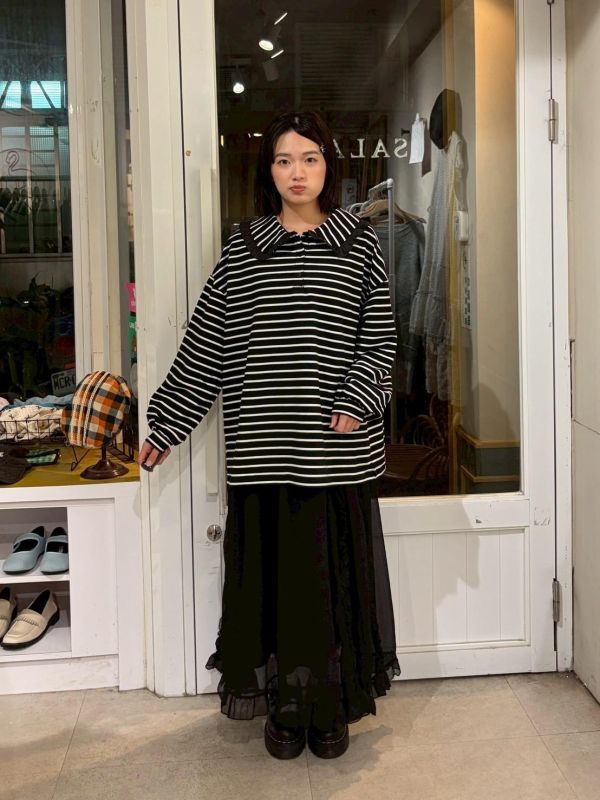 百搭條紋荷葉領休閒上衣 