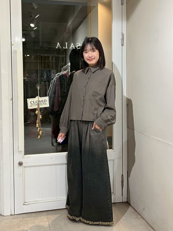 咖色短版細格紋胸前口袋襯衫 