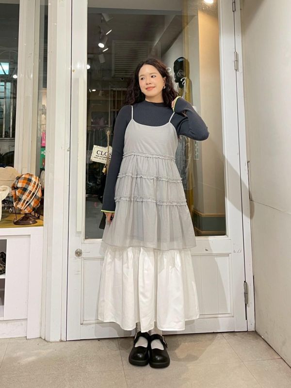 可調節細肩可愛捲邊蛋糕裙雙層短罩衫 